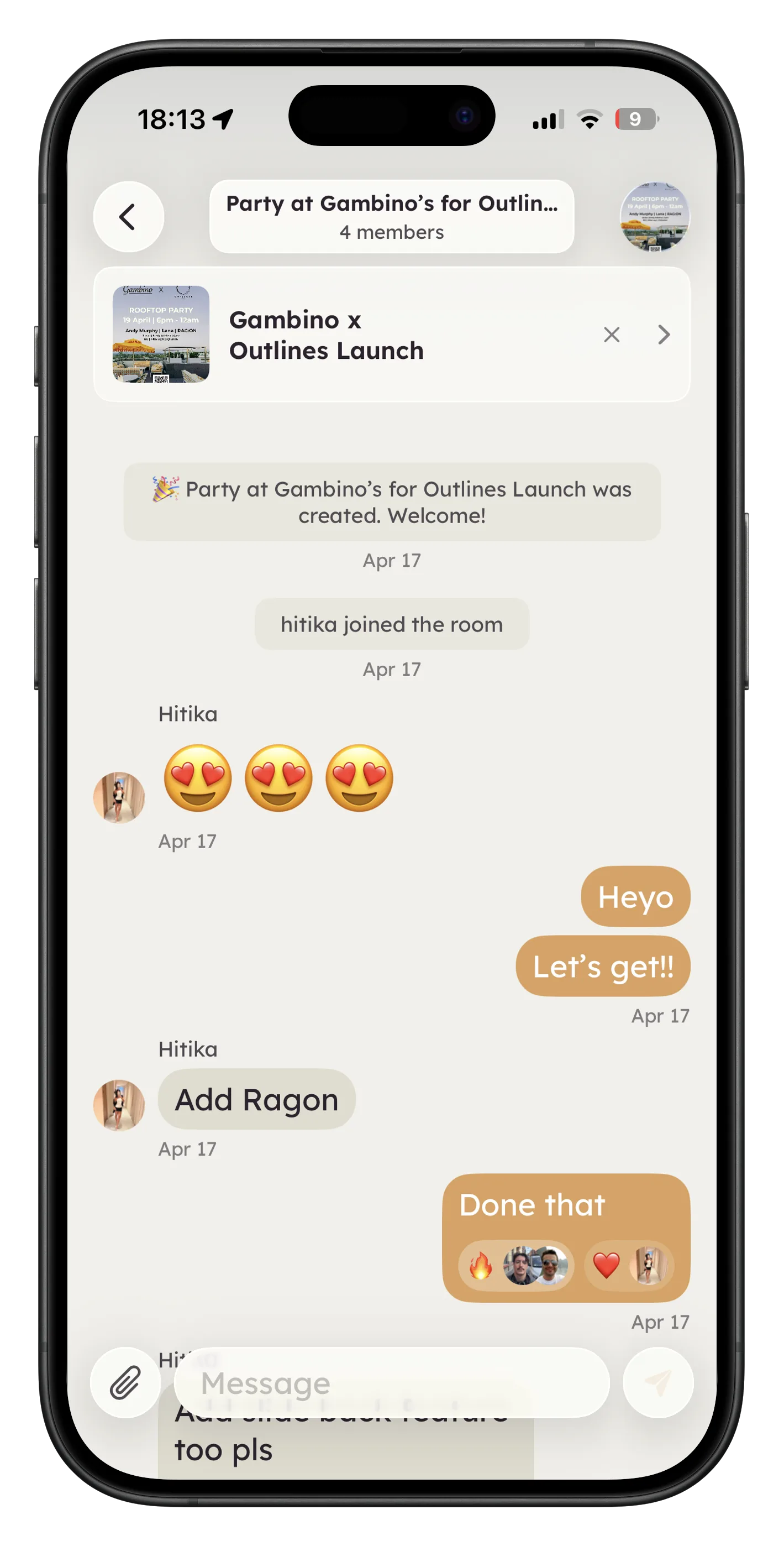 Eventi room chat with members coordinating before an event