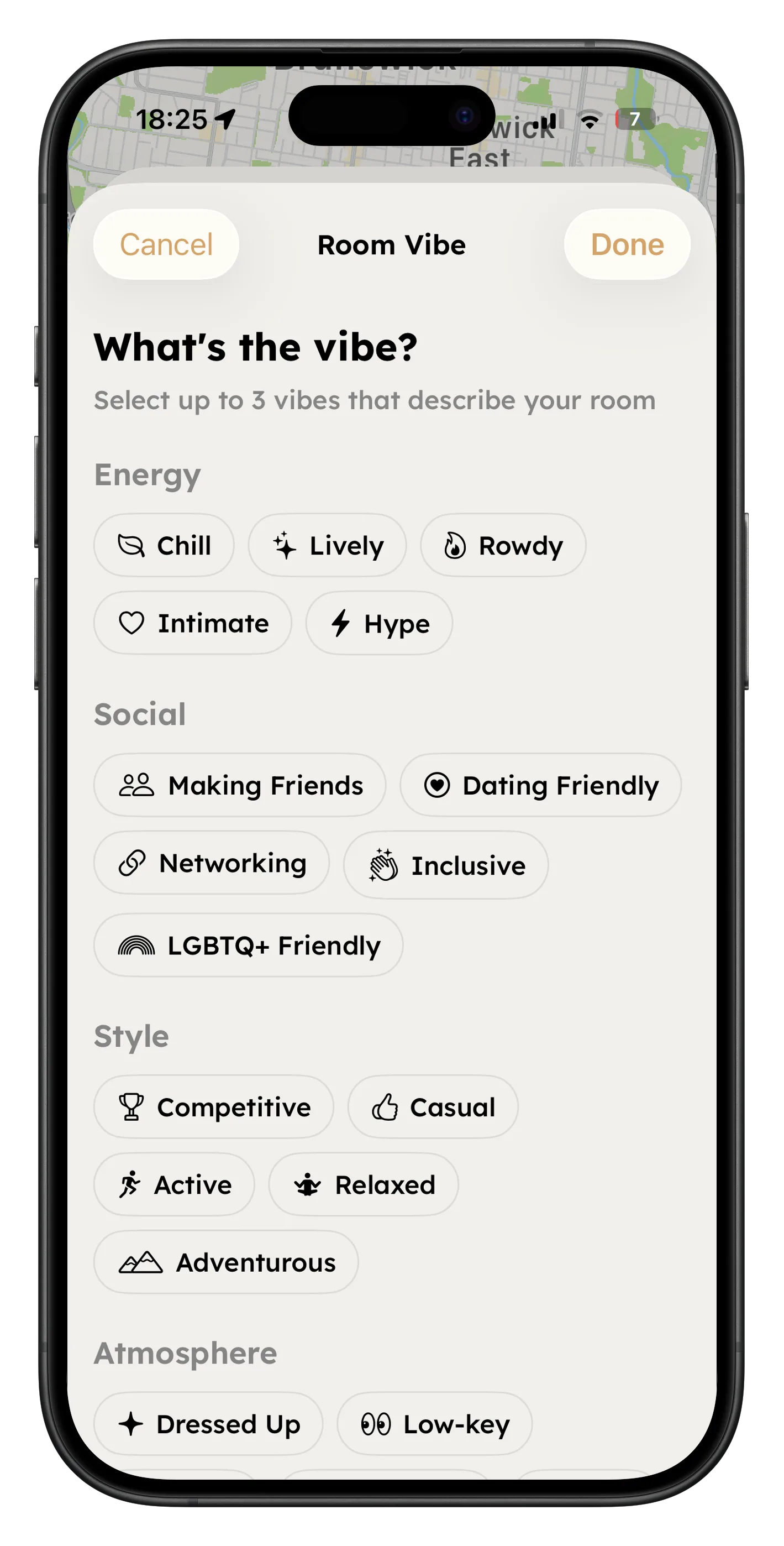 Eventi 'What's the vibe?' room creation screen with tags like Chill, Lively, Making Friends, Active and Adventurous