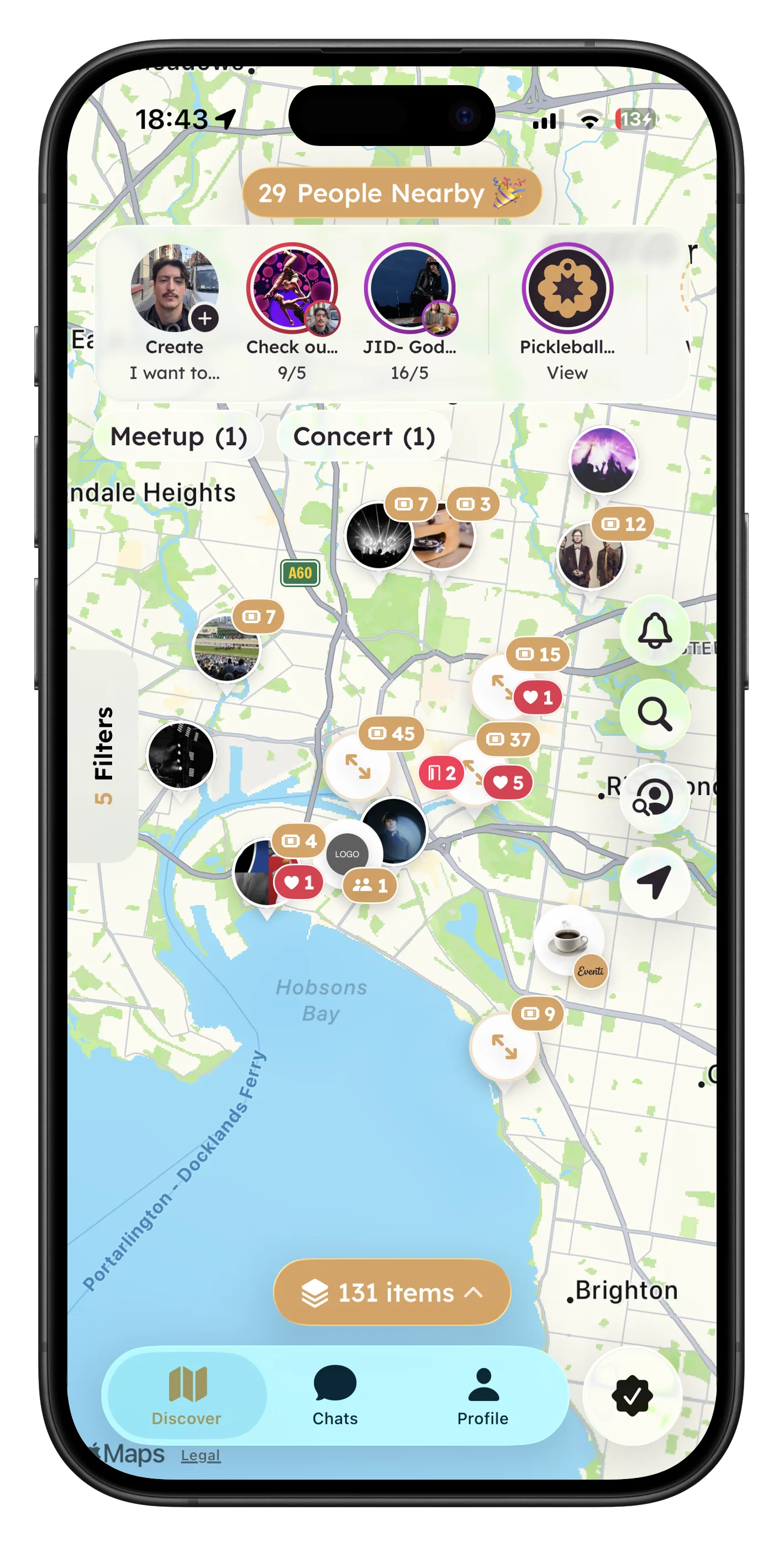 Eventi map view showing events nearby